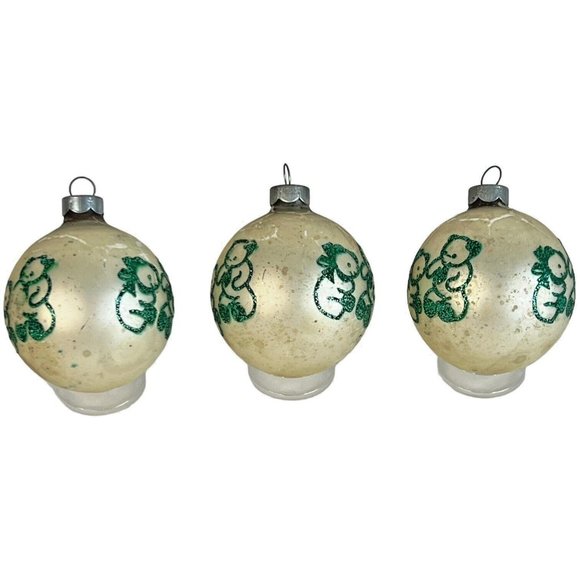 3 Vintage Shiny Brite Christmas Ornaments Teddy Bear Stencil Glitter Green White - Picture 7 of 12